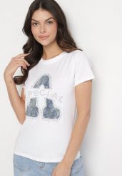 Biały Bawełniany T-shirt Ozdobiony Napisem i Cyrkoniami Isnorea. Białe t-shirty damskie Born2be, m, bez wzorów, z bawełny, bez kołnierzyka. Za 34.99 zł.