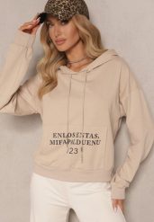 Beżowa Bluza o Klasycznym Kroju z Kapturem i Kieszenią Firloti. Brązowe bluzy damskie Renee, l, bez wzorów, z jeansu, z kapturem. Za 49.99 zł.