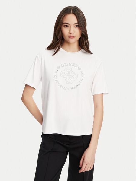 Guess T-Shirt V5YI05 KCOA2 Biały Regular Fit. Białe t-shirty damskie Guess, xl, z aplikacjami, z wiskozy, bez kołnierzyka. Za 119.99 zł.