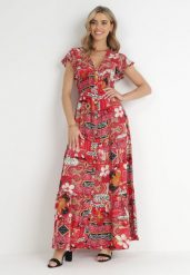 Czerwona Sukienka Maxi z Wiskozy z Gumką w Talii i Guzikami Nyllu. Czerwone sukienki damskie Born2be, z aplikacjami, z wiskozy, bez ramiączek. Za 119.99 zł.