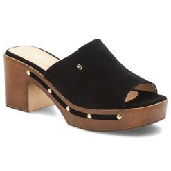 Klapki damskie Simen, na klocku skórzane z ozdobami eleganckie, czarne, 6844A-K-W. Czarne klapki damskie Simen, bez wzorów, z jeansu, bez obcasa, na obcasie, bez zapięcia. Za 339.00 zł.