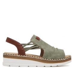 Sandały Rieker. Zielone sandały damskie Rieker, bez wzorów, bez obcasa, na koturnie, bez zapięcia. Za 319.99 zł.