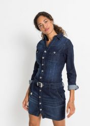 Sukienka dżinsowa z paskiem. Niebieskie sukienki damskie bonprix, bez wzorów, eleganckie, bez ramiączek. Za 209.99 zł.