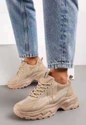 Ciemnobeżowe Sznurowane Sneakersy na Grubej Podeszwie ze Wstawkami z Siateczki Vleni. Brązowe obuwie sportowe damskie Born2be, bez zapięcia. Za 99.99 zł.