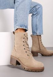 Beżowe Botki na Słupku w Stylu Workerów Wykończone Wiązaniem Timovia. Brązowe botki damskie Renee, z jeansu, eleganckie, bez obcasa, na obcasie, bez zapięcia. Za 149.99 zł.
