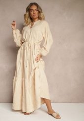 Beżowa Sukienka z Bawełną Haftem i Sznurkiem w Pasie Zenlio. Brązowe sukienki damskie Renee, z aplikacjami, z bawełny, eleganckie, bez ramiączek. W wyprzedaży za 151.99 zł.