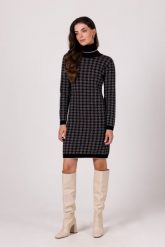 Swetrowa Sukienka w Pepitkę z Golfem - Czarna. Czarne sukienki damskie MOE, bez wzorów, z dzianiny, bez ramiączek. Za 249.90 zł.