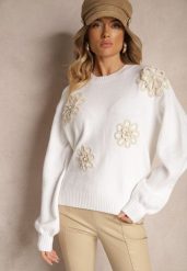 Biały Sweter z Bawełną Ozdobiony Kwiatami 3D Esenavia. Białe swetry klasyczne damskie Renee, z bawełny, bez kołnierzyka. Za 129.99 zł.
