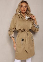 Beżowy Płaszcz Trencz Utility z Nieodpinanym Kapturem Wiązany w Pasie Axurea. Brązowe płaszcze damskie Renee, xl, bez wzorów. Za 179.99 zł.