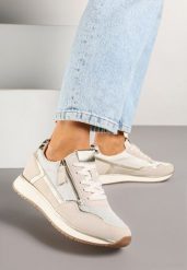 Beżowe Sneakersy z Metalicznymi Wstawkami i Ozdobnym Suwakiem Alanatia. Brązowe obuwie sportowe damskie Born2be, z jeansu, bez zapięcia. Za 129.99 zł.