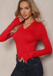 Czerwony Casualowy Sweter z Dekoltem w Serek Amitta. Czerwone swetry klasyczne damskie Renee, m, z jeansu, bez kołnierzyka. Za 69.99 zł.