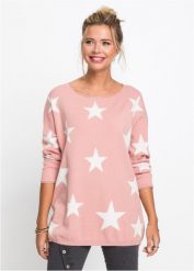 Sweter dzianinowy z nadrukiem w gwiazdy. Czerwone swetry klasyczne damskie bonprix, z dzianiny, bez kołnierzyka. Za 99.99 zł.