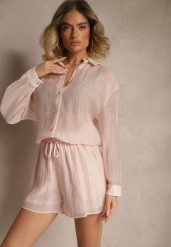 Jasnoróżowy Komplet z Tkaniny z Cyrkoniami Koszula i Szorty Jeniviela. Czerwone koszule damskie Renee, na lato, l, bez wzorów, z tkaniny, eleganckie, bez kołnierzyka, bez ramiączek. Za 129.99 zł.