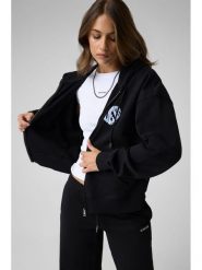 Guess Jeans Bluza 184165 Czarny Classic Fit. Czarne bluzy damskie Guess Jeans, xl, z aplikacjami, z jeansu, bez kaptura. Za 389.99 zł.