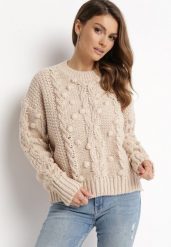 Beżowy Sweter z Wełną i Bawełną Ozdobiony Grubym Splotem Numike. Brązowe swetry klasyczne damskie Born2be, na jesień, l, z bawełny, bez kołnierzyka. Za 89.99 zł.