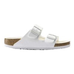 Sandały Arizona Dla Dorosłych Unisex. Białe sandały damskie Birkenstock, bez wzorów, z materiału, z okrągłym noskiem, bez obcasa, bez zapięcia. Za 299.00 zł.