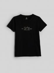 4F T-shirt slim z nadrukiem damski - czarny S. Czarne t-shirty damskie 4F, m, bez wzorów, z bawełny, bez kołnierzyka. Za 59.99 zł.