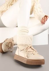 Beżowe Śniegowce na Grubej Podeszwie ze Sznurowaniem i Futerkiem Izantea. Brązowe śniegowce damskie Born2be, z futra. Za 89.99 zł.