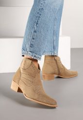 Ciemnobeżowe Ażurowe Botki Kowbojki na Stożkowym Obcasie Fonailin. Brązowe botki damskie Born2be, z jeansu, boho, bez obcasa, na obcasie, bez zapięcia. Za 129.99 zł.