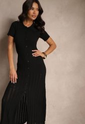 Czarna Wiskozowa Sukienka z Guzikami i Kołnierzykiem Zdobiona Koronką Alanella. Czarne sukienki damskie Renee, z aplikacjami, z koronki, eleganckie, bez ramiączek. W wyprzedaży za 151.99 zł.