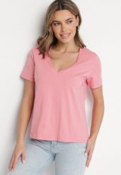 Różowy Bawełniany T-shirt z Dekoltem w V Ninoriana. Czerwone t-shirty damskie Born2be, m, bez wzorów, z bawełny, bez kołnierzyka. Za 49.99 zł.