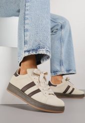 Beżowo-Brązowe Sneakersy Ozdobione Paskami Dolirenna. Brązowe obuwie sportowe damskie Renee, z jeansu, bez zapięcia. Za 79.99 zł.
