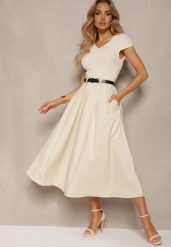 Beżowa Sukienka o Rozkloszowanym Kroju z Krótkim Rękawem i Paskiem z Ekoskóry Frinna. Brązowe sukienki damskie Renee, bez wzorów, eleganckie, bez ramiączek. W wyprzedaży za 187.99 zł.