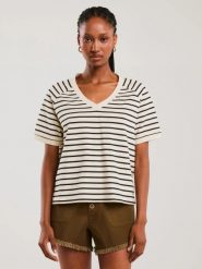 Koszulka damska z dekoltem v-neck w paski beżowo-czarna Lera 103. Białe koszulki damskie Big Star, l, bez wzorów, z dzianiny, bez kołnierzyka, bez ramiączek. W wyprzedaży za 59.99 zł.