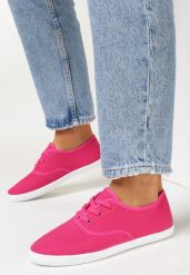 Fuksjowe Tenisówki z Krótkim Sznurowaniem Madilinne. Czerwone obuwie sportowe damskie Born2be, z jeansu, bez zapięcia, tenisowe. Za 39.99 zł.