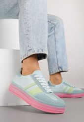 Niebiesko-Różowe Sneakersy w Stylu Tenisówek z Geometrycznym Wzorem Melundea. Niebieskie obuwie sportowe damskie Renee, z jeansu, bez zapięcia, tenisowe. Za 99.99 zł.