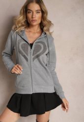 Szara Dzianinowa Bluza Ocieplana z Haftem i Kapturem Melajia. Szare bluzy damskie Renee, l, bez wzorów, z dzianiny, z kapturem. Za 79.99 zł.