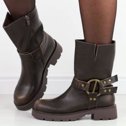 Brązowe wysokie botki damskie Potocki 54300. Brązowe botki damskie POTOCKI, na jesień, z polaru, eleganckie, z okrągłym noskiem, bez obcasa, bez zapięcia. Za 239.00 zł.