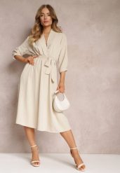 Beżowa Sukienka Canopis. Brązowe sukienki damskie Renee, bez wzorów, z materiału, eleganckie, bez ramiączek. W wyprzedaży za 75.99 zł.