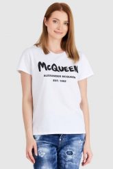 ALEXANDER MCQUEEN Biały t-shirt damski z logo. Białe t-shirty damskie alexander mcqueen, s, bez wzorów, z bawełny, bez kołnierzyka. W wyprzedaży za 699.99 zł.