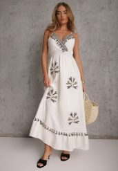 Biała Sukienka Boho z Dodatkiem Lnu o Rozkloszowanym Kroju z Frędzlami i Falbaną Ocaline. Białe sukienki damskie Renee, z aplikacjami, z wiskozy, boho, bez ramiączek. Za 149.99 zł.