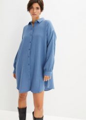 Bluzka muślinowa z czystej bawełny. Niebieskie bluzki damskie bonprix, bez wzorów, z bawełny, bez kołnierzyka, bez ramiączek. Za 122.99 zł.