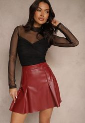 Bordowa Plisowana Spódnica z Ekoskóry o Rozkloszowanym Kroju Annielle. Czerwone spódnice damskie Renee, na co dzień, l, bez wzorów, eleganckie, mini. Za 89.99 zł.