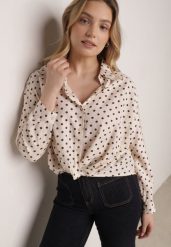 Beżowa Wiskozowa Koszula w Kropki z Ozdobnym Węzłem Corilis. Brązowe koszule damskie Born2be, l, bez wzorów, z materiału, casualowe, bez kołnierzyka, bez ramiączek. Za 109.99 zł.