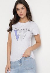 Jasnoszary T-shirt z Bawełny Ozdobiony Napisem i Cyrkoniami Raltebis. Szare t-shirty damskie Born2be, m, bez wzorów, z bawełny, bez kołnierzyka. Za 34.99 zł.