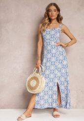Niebieska Wiskozowa Sukienka Maxi w Kwiaty z Cienkimi Gumkami Janitza. Niebieskie sukienki damskie Renee, bez wzorów, z wiskozy, bez ramiączek. W wyprzedaży za 83.99 zł.