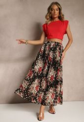 Czarna Rozkloszowana Spódnica z Plisami w Kwiatowy Wzór z Metalicznym Nadrukiem Follenna. Czarne spódnice damskie Renee, na co dzień, l, bez wzorów, eleganckie, maxi. Za 54.99 zł.