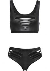 Biustonosz typu bustier + figi typu ouvert z materiału z efektem wet look (2 części). Czarne komplety bielizny bonprix, bez wzorów. Za 99.99 zł.