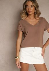 Ciemnobeżowy T-shirt z Bawełny z Dekoltem w Serek Linithiela. Brązowe t-shirty damskie Renee, m, bez wzorów, z bawełny, bez kołnierzyka. Za 49.99 zł.