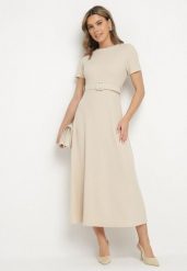 Beżowa Rozkloszowana Sukienka Ozdobiona Paskiem Desianna. Brązowe sukienki damskie Born2be, bez wzorów, eleganckie, bez ramiączek. W wyprzedaży za 84.99 zł.
