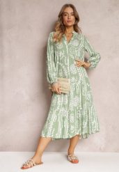 Jasnozielona Rozkloszowana Sukienka Midi z Falbanką na Dole i Trójkątnym Dekoltem Kiria. Zielone sukienki damskie Renee, z aplikacjami, boho, bez ramiączek. Za 119.99 zł.