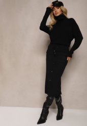 Czarna Spódnica Ołówkowa z Kaszmirem High Waist z Ozdobnymi Guzikami i Kieszeniami Edithwen. Czarne spódnice damskie Renee, na zimę, bez wzorów, z dzianiny, midi. Za 129.99 zł.