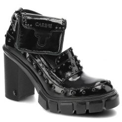 Półbuty damskie Carinii, lakierowana cholewka z dekoracyjnymi nitami regulowany pasek z klapą stabilny wysoki obcas, czarne, B7934-070-000-000-E98. Czarne półbuty damskie Carinii, bez wzorów, z lakierowanej skóry, bez obcasa, na obcasie, bez zapięcia. Za 390.00 zł.
