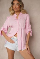 Różowa Koszula z Wiskozą i Perełkami Tanathiel. Czerwone koszule damskie Renee, z aplikacjami, z jeansu, eleganckie, bez kołnierzyka, bez ramiączek. Za 64.99 zł.