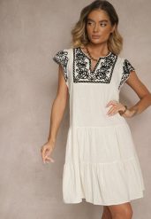 Beżowa Bawełniana Sukienka Boho Ozdobiona Haftami Eviriella. Brązowe sukienki damskie Renee, z aplikacjami, z bawełny, boho, bez ramiączek. W wyprzedaży za 111.99 zł.