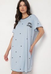 Niebieska Koszula Nocna z Bawełną w Kropki z Napisem Firasine. Niebieskie koszule nocne i halki Born2be, bez wzorów, z bawełny, bez ramiączek. Za 39.99 zł.
